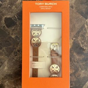 NEW Tory Burch Miller Apple Watch Strap Brown Leather Gold Band TBS0078